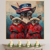 Siamese Cat Family in Patriotic Red Outfits and American Flag Hat with Blue Eyes for Fourth of July Celebration on Ready to Hang 1.5" Thick Canvas Wrap, Floating Framed Canvas, Flat Rolled Canvas